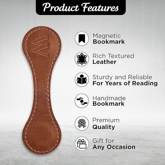 Personalized Leather Magnetic Bookmarks (1 Pack) Vintage Custom Engraved Initial ID Identification Book Marker Clip Gift for Book Lover Avid Readers (Letter W, Light Brown)
