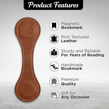 Personalized Leather Magnetic Bookmarks (1 Pack) Vintage Custom Engraved Initial ID Identification Book Marker Clip Gift for Book Lover Avid Readers (Letter W, Light Brown)