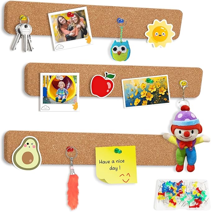 FEBSNOW Cork Board Strips, 3 Pack Cork Strips for Walls 15x2 Inch Small Cork Boards for Walls Self Adhesive with 50 Push Pins