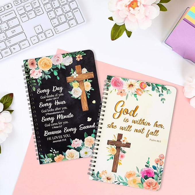 2Pack A5 Floral Cross Religious Spiral Notebooks, She Will Not Fall Bible Verse Ruled Hardbound Journal Writing Hardcover Notebooks Christian Christmas Gift Sunday School Office Supplies
