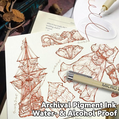 Muchcute Micro Fineliner Drawing Art Pens: 6 Sepia Fine Line Waterproof Ink Set Artist Supplies Brown Archival Inking Marker Liner Sketch Outline Manga Anime Gifts Sketching Watercolor Zentangle Stuff