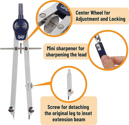 Mr. Pen- Professional Geometry Set Metal Compass, 7 pcs, Geometry Precision Tool Set with Shatterproof Storage Box, Drafting Tools & Drafting Kits, Circle Drawing Tools for Engineers Students