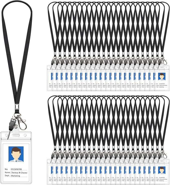 60 Pack Neck Lanyard with ID Badge Holder, Office Strap Bulk Lanyards, Stainless Metal Swivel Hook for Name Tag, Badge Holders, Keychains, Card, Black