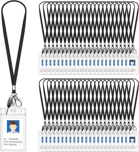 60 Pack Neck Lanyard with ID Badge Holder, Office Strap Bulk Lanyards, Stainless Metal Swivel Hook for Name Tag, Badge Holders, Keychains, Card, Black