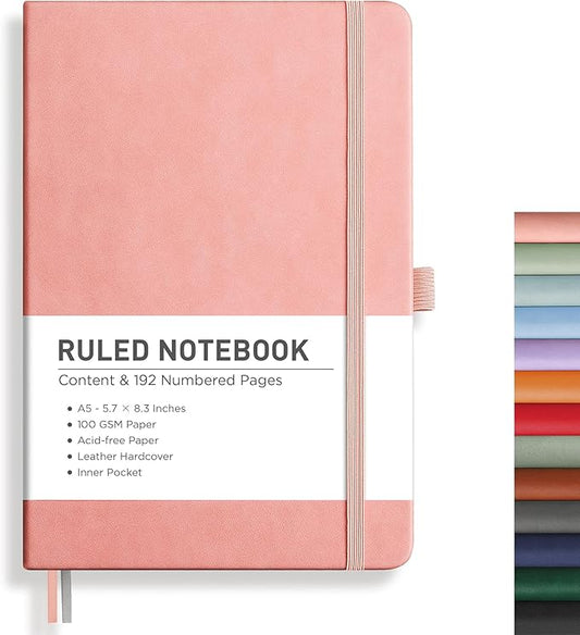 RETTACY Journaling Notebooks, A5 Lined Journal Notebook with 192 Numbered Pages, 5.7'' × 8.3'' Medium Size, for Writing, Work, Office, Leather Hardcover, 100 GSM Thick Paper (Pink)