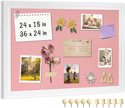 Large Pink Cork Board with Linen, 36" x 24" Hanging Wood Framed Bulletin Board, Picture Display Vision Board Corkboards for Wall Room School Office Decor, 10 Pushpins, 1 Pack