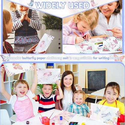 TaoBary 160 Packs Stationery Paper Set (50 Double Sided Stationery Writing Papers 50 Matching Envelopes) 60 Round Dot Sticker, 10 Design(Watercolor Butterfly,8.5 x 11 Inch)