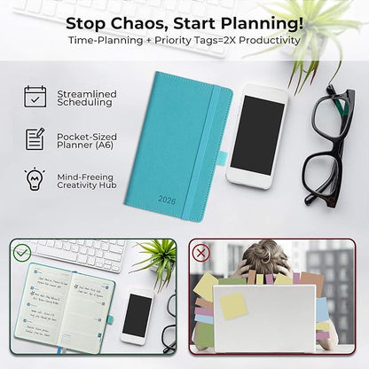 Weekly Monthly 2026 Planner (Jan.26-Dec.26),6.5"x3.75",12 Months Agenda Plan with Month Tabs & Pocket,Expenses/Note Pages, Appointment Book Calendar with Vegan Leather Cover,Light Blue