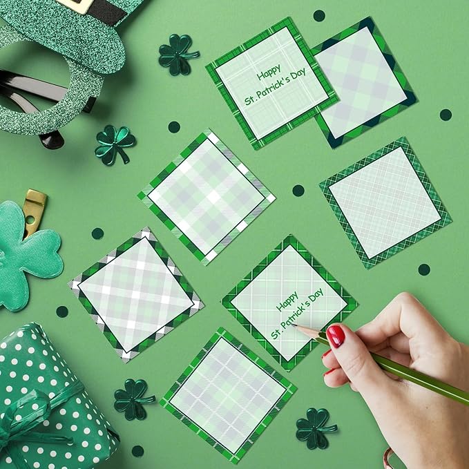 9 Pieces St. Patrick's Day Plaid Sticky Notes Green St. Patrick's Day Plaid Note Pads Self-Adhesive Irish Memo Notes for School Office Home Supplies Students Teachers Present St. Patrick's Day