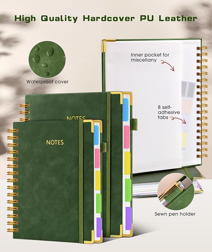 Hardcover Spiral Notebook journal with Removable Dividers Tabs, 300 Pages Leather 5 Subject Notebook College Ruled, 100GMS A5 Notebooks for Work School Note taking,Lined Journal for Women,A5-Green