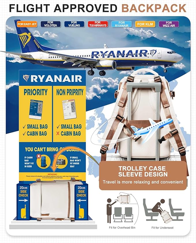 Travel Backpack for Women Men, Flight Approved Carry on Backpack with Shoe Compartment, Waterproof Laptop Backpack Personal Item Travel Bag - Ideal for Weedender, Hiking, Sport & Gym, Beige with Brown