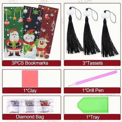 Anseal Christmas Diamond Painting Bookmarks for Book Lovers, Rhinestone PU Leather Diamond Art Bookmark for Women Girls, Tassel Beaded Book Mark for Graduation Birthday Christmas Reading Present