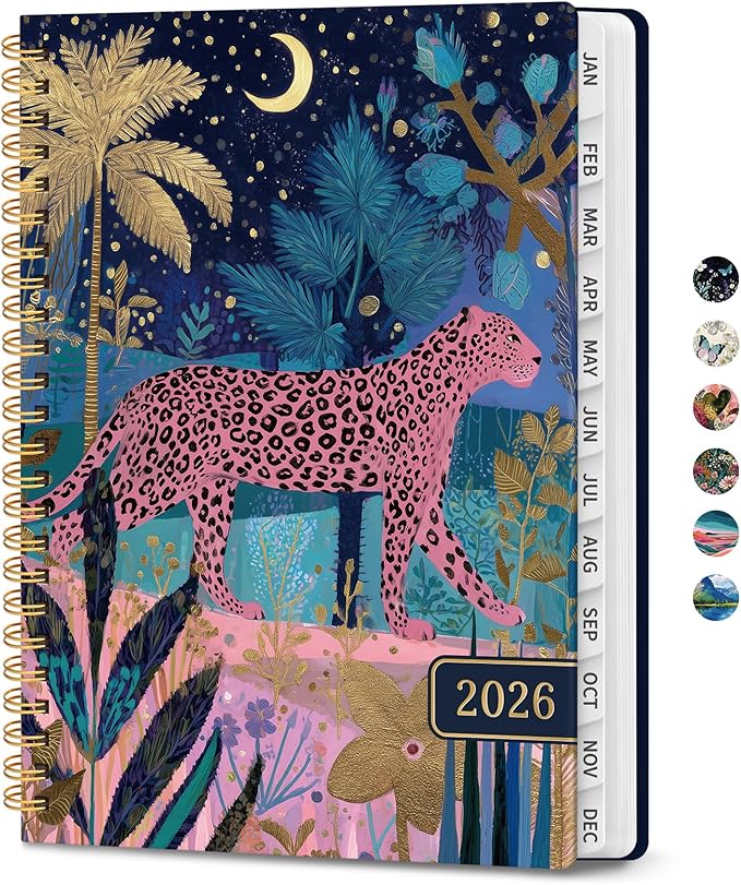 2026 Planner, Weekly and Monthly Planner for Women, January 2026 to December 2026, Pretty Hardcover 2026 Calendar Planner Book with Tabs, Inner Pocket, Spiral Bound, Perfect Office Home School Supplies - 6.3" x 8.5", Midnight Jungle