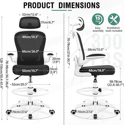 Drafting Chair, Tall Office Chair with 3D Lumbar & Head Support, Ergonomic Mesh Standing Desk Chair with Footring, Comfy Extended High Desk Chair with Flip-Up Arms & Hanger(White)