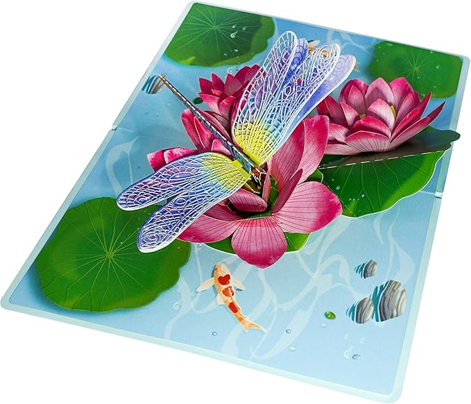 Dragonfly and Lotus Pop Up Card, Greeting Card for Various Occasions, Modern Floral Design, Perfect for Birthdays, Weddings, Get Well, Thinking of You, Mother's Day