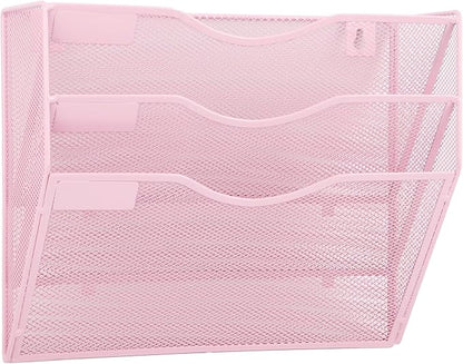 EASEPRES 3 Pocket Mesh Hanging Wall File Organizer, Wall Mounted Mail Paper Document Folder Holder, Clipboard Storage Organization Magazine Rack with Nametag Label for Office Home School, Pink