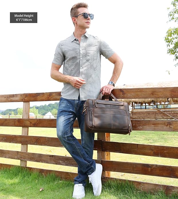LANNSYNE Vintage 17” Leather Laptop Bag Briefcases For Men, Extra 1 Collection Brown