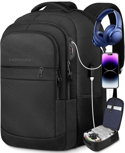 Lapsouno Laptop Backpack, Travel Laptop Backpack, Business Anti Theft Slim Sturdy 15.6 Inch TSA Friendly with USB Port, Water Resistant College School Computer Bag Gifts for Men Women, Black