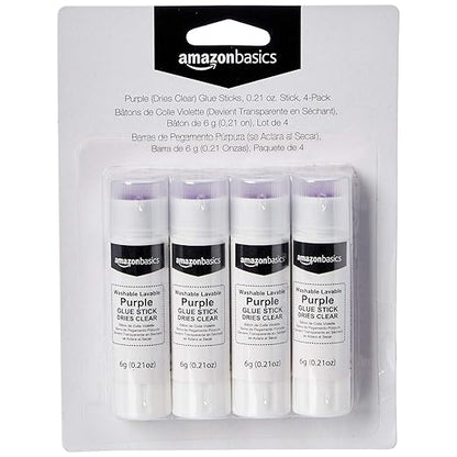 Amazon Basics Purple Washable School Glue Sticks, Dries Clear, 0.21 oz Stick, 4-Pack