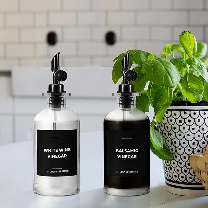 Olive Oil & Coffee Syrup Labels for Bottles - 2.5" x 2.5" Waterproof Kitchen PVC Sticker Labels for Oils, Coffee Syrups, Vinegars, Sauces, Cooking Wines, Condiments - Minimalist Black, 61pcs