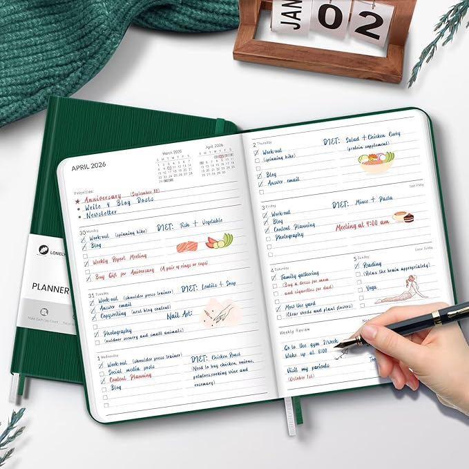 2026 Planner, Weekly and Monthly Planners, Faux Leather Daily Calendar 2026 Planner, 12 Month Agenda from Jan. to Dec., Hardcover Habit Tracker Journal 5.75" x 8.4"(Green)