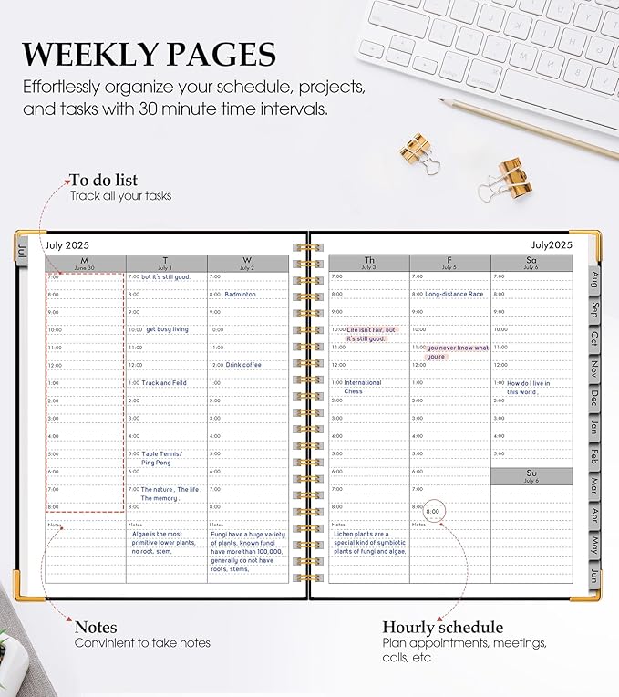 2026 Planner, Weekly and Monthly Calendar Planner from January 2026 - December 2026, 5.75" x 8.38" Hardcover Leather Hourly Appointment Book with Tabs, A5 Spiral Daily Planners for College School Work Home, Black