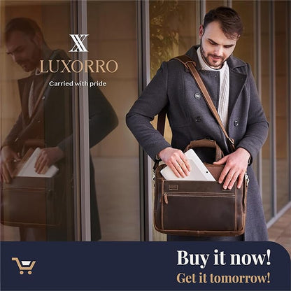 Luxorro Full Grain Leather Briefcase for Men, Top Choice Gifts, Handcrafted Laptop Bag with Multiple Compartments and Brass Hardware, Fits 15.6 Inch Laptop