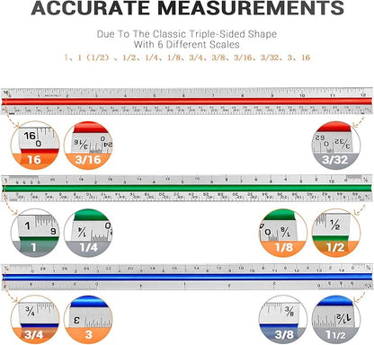 12" Architectural Scale Ruler Aluminum Architect Scale Triangular Scale Ruler for Architects, Draftsman, Students and Engineers, Color-Coded (1 Pack)