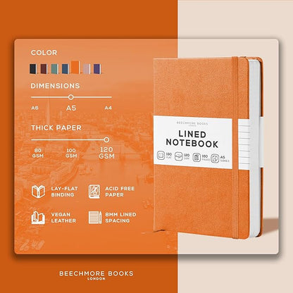BEECHMORE BOOKS Lined Journal Notebook, 5.8 x 8.3 inch, A5 160 Lined Pages, Hardcover Leather Journals for Women, Men, Writing and Notebooks for Work - 120 GSM Thick Paper, Gifts Box Included