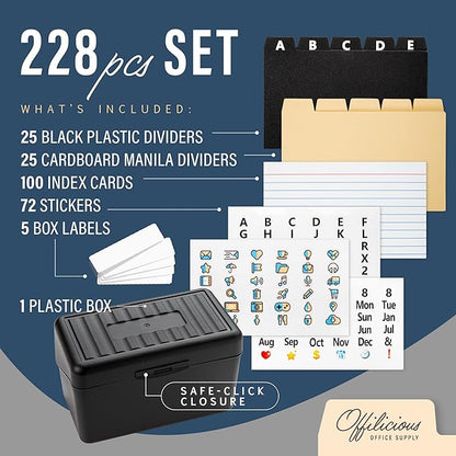 Black Index Card Holder 4x6 - Index Card Box With Index Card Dividers, Ruled Cards & Stickers - Index Card Organizer, Recipe Card Box - Flash Card Holder Box