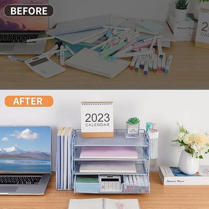 Desk Organizers and Accessories, Desk Accessories & Workspace Organizers for Office Supplies, File Organizer Desk Drawer Organizer with 2 Pen Holders, 4 Tier Paper Organizer for Desk(Blue)