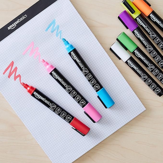 Amazon Basics Bullet/Chisel Reversible Tip Chalk Markers, Bold Point, 8 Pack, Bright Colors