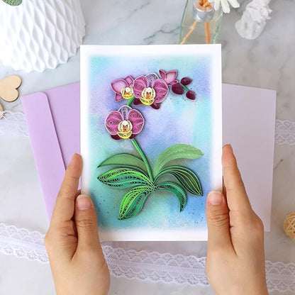 KingKraft Orchid Quilling Card, Birthday Card for Mom, Anniversary Card for Wife, Valentines Day, Mothers Day Card, Thinking of You, Get Well Card, Greeting Card for All Occasions, Blank Inside
