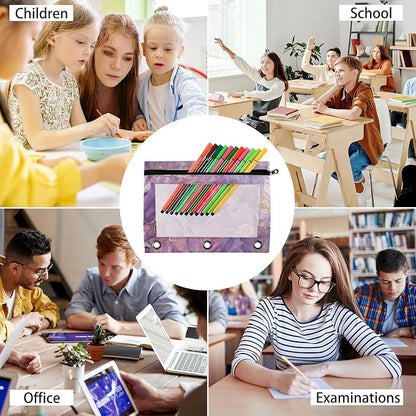 Kcldeci Pencil Pouch for 3 Ring Binder, Purple Golden Marble 2 Pack Binder Pencil Pouch with Clear Window Pencil Bags with Zipper Pencil Case for Binder
