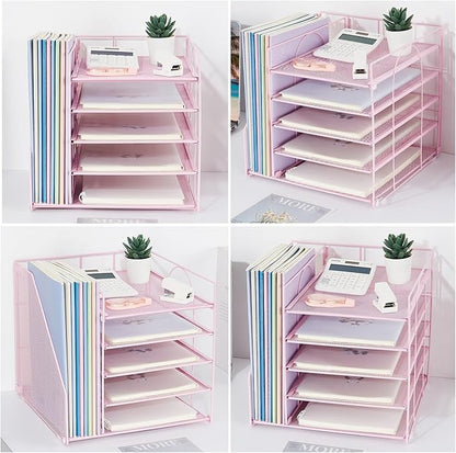 Desk Organizers and Accessories, 5-Tier Paper Letter Tray Organizer with File Holder, Pink Office Decor (Pink)