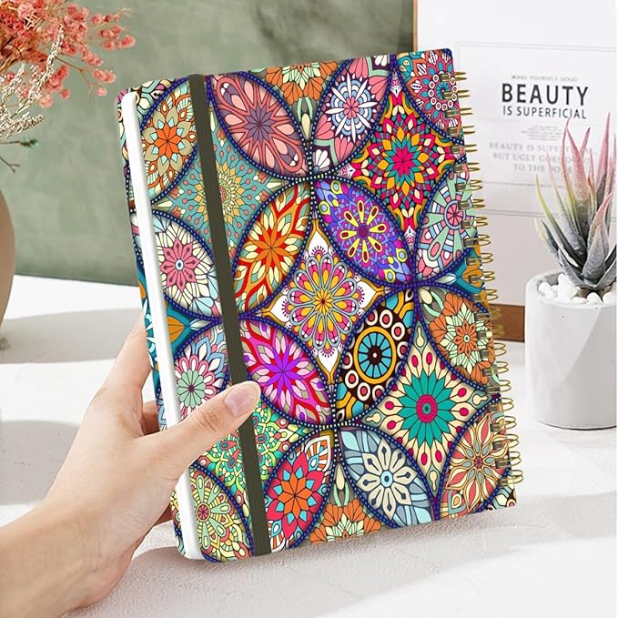Spiral Notebook - A5 Spiral Notebooks, 8.3'' × 5.8'', 160 Pages, Aesthetic Journaling Notebooks for Women, College Lined Notebook with Elastic Closure, Back Pocket, for School Office, Bohemia