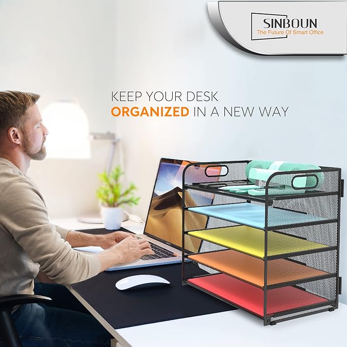 2 Pack Letter Tray Paper Organizer 5-Tier Desk Organizer File Organizer Paper Holder with Handle, Metal Desktop Document Shelf Tray Office Classroom Organization - Black