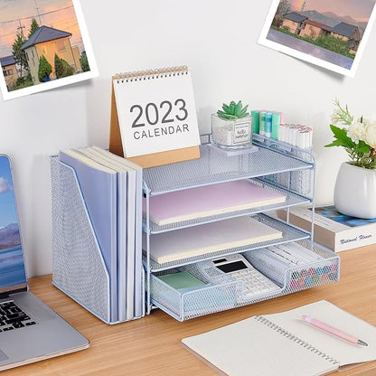 Desk Organizers and Accessories, Desk Accessories & Workspace Organizers for Office Supplies, File Organizer Desk Drawer Organizer with 2 Pen Holders, 4 Tier Paper Organizer for Desk(Blue)
