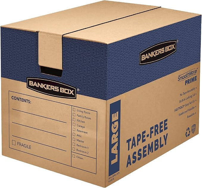 Bankers Box Large Prime Moving Box 6 Pack, Reinforced Handles, Tape-Free Assembly, Attached Lid, 18-in x 18-in x 24-in (0062904)