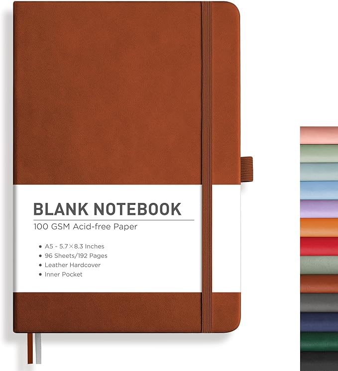 RETTACY Blank Journal Notebook, A5 Blank Journal with 192 Pages, 5.7'' × 8.3'' Medium Size, 68 LB/100 GSM Thick Paper, Leather Hardcover, for Sketching, Drawing, Painting (Brown)