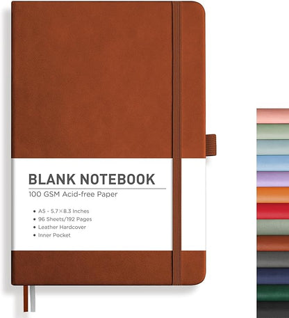 RETTACY Blank Journal Notebook, A5 Blank Journal with 192 Pages, 5.7'' × 8.3'' Medium Size, 68 LB/100 GSM Thick Paper, Leather Hardcover, for Sketching, Drawing, Painting (Brown)