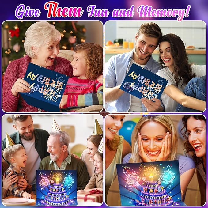 Fireworks Birthday Cards, 3D Pop Up Blowable Cake Greeting Cards with Lights Music, Happy Birthday Gifts for Women Men Kids Mom Dad Grandma