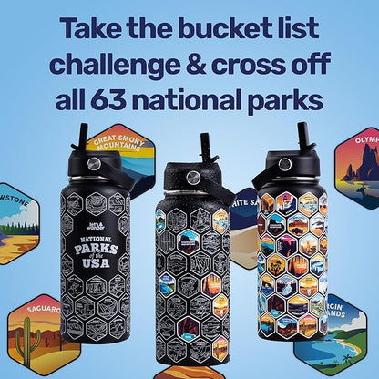 LET'S WANDER Original Lets Wander National Parks Water Bottle with Waterproof Stickers - 32oz Leakproof Insulated Stainless Steel with Straw - Parks of the USA Bucket List Bottle [BLACK]