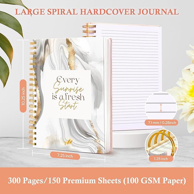 Spiral Journals - 10.25" x 7.25" - 300 Pages - Cute Spiral Notebooks for Women, Work Journal Notebook for Women (Fresh Start) Marble
