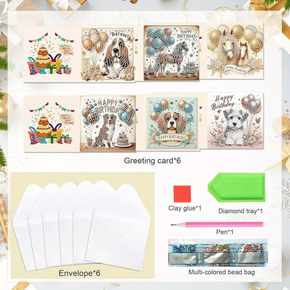Tontut 6 Pieces Diamond Art Painted Greeting Cards, Horse Puppy Balloon 5D DIY Special Shape Diamond Card Creative Gifts, Christmas Thanksgiving Greeting Card Congratulation