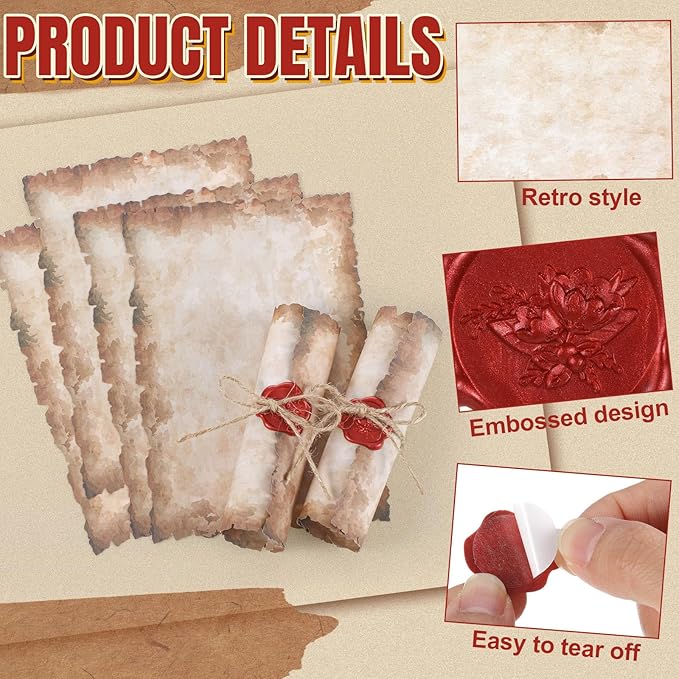 Vintage Writing Invitations Set Includes 100 Letter Antique Scroll Rustic Papers 100 Wax Seal Stickers 3 Strands of Twine for Valentines Mother Stationery Old Medieval Cardstock(8.5 x 11 Inch)