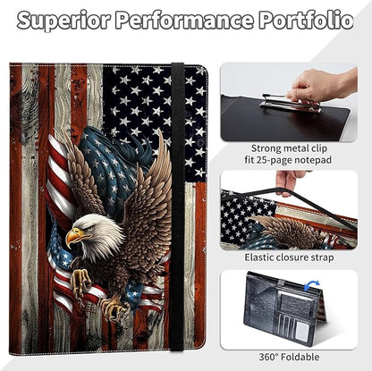 Padfolio/Portfolio Folder Clipboard,Bald Eagle with American Flag Personalized Leather Portfolio Padfolio for Men Women W/Resume Document Organizer Letter Size A4 Writing Pad Business Card Holders