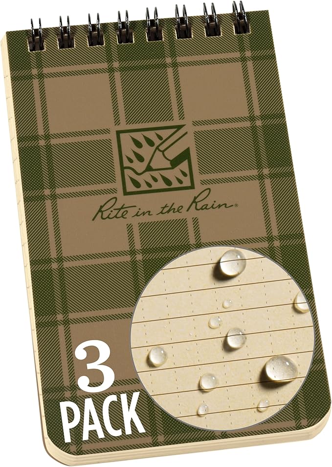 Rite in the Rain Weatherproof Top Spiral Notebook, 3” x 5”, Tan and Green Plaid Cover, Universal Pattern, 3 Pack (No. PL935T-3)