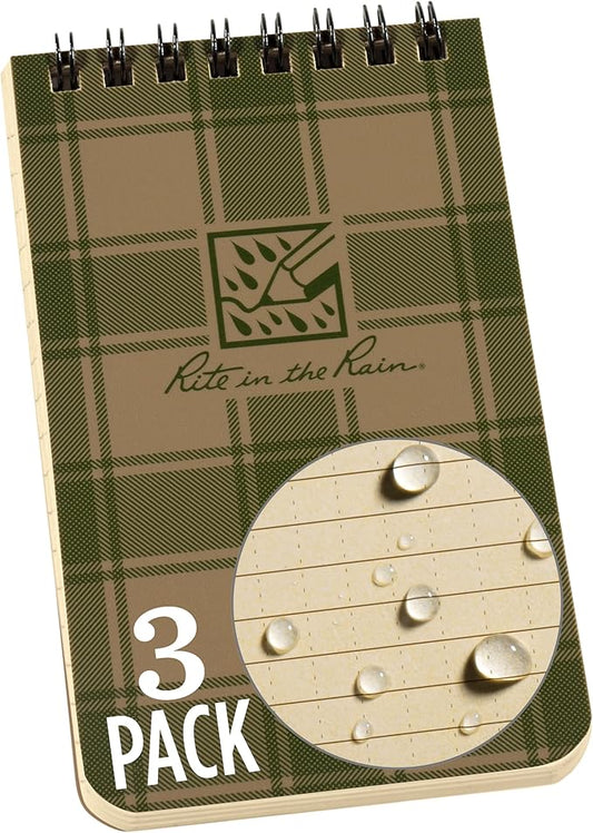 Rite in the Rain Weatherproof Top Spiral Notebook, 3” x 5”, Tan and Green Plaid Cover, Universal Pattern, 3 Pack (No. PL935T-3)