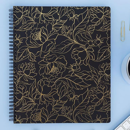 Steel Mill & Co Cute Large Spiral Notebook College Ruled, 11" x 9.5" with Durable Hardcover and 160 Lined Pages (Gold Floral)